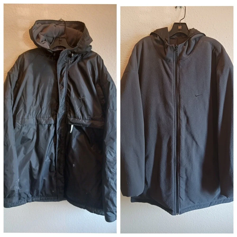 Vintage Nike Puffer Coat Reversible Fleece Parka Jacket Men's 2XL Y2K Gray Tag